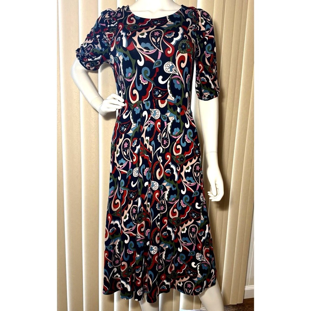 Boden Dress Womens 6L Navy Paisley Puff Sleeve Jersey Fit & Flare Midi